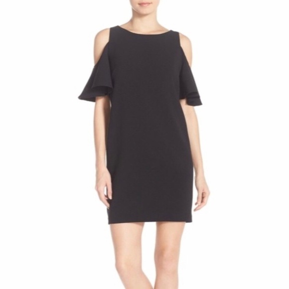 CeCe Black Cold Shoulder Shift Mini Cocktail Wedding Guess Dress. Size 6 - Picture 1 of 11